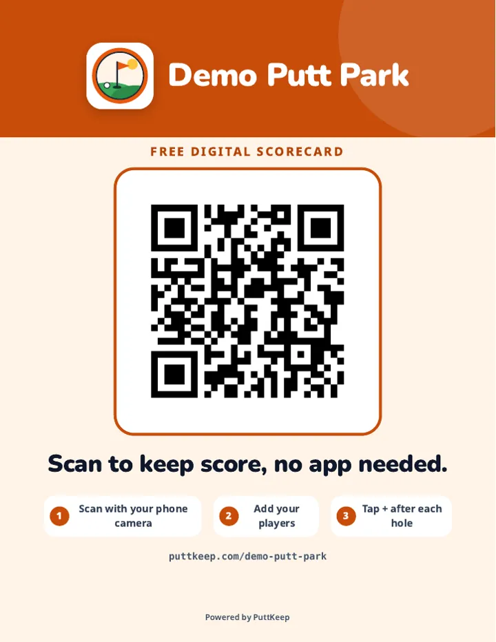 The demo course's printable hole-1 sign with its QR code